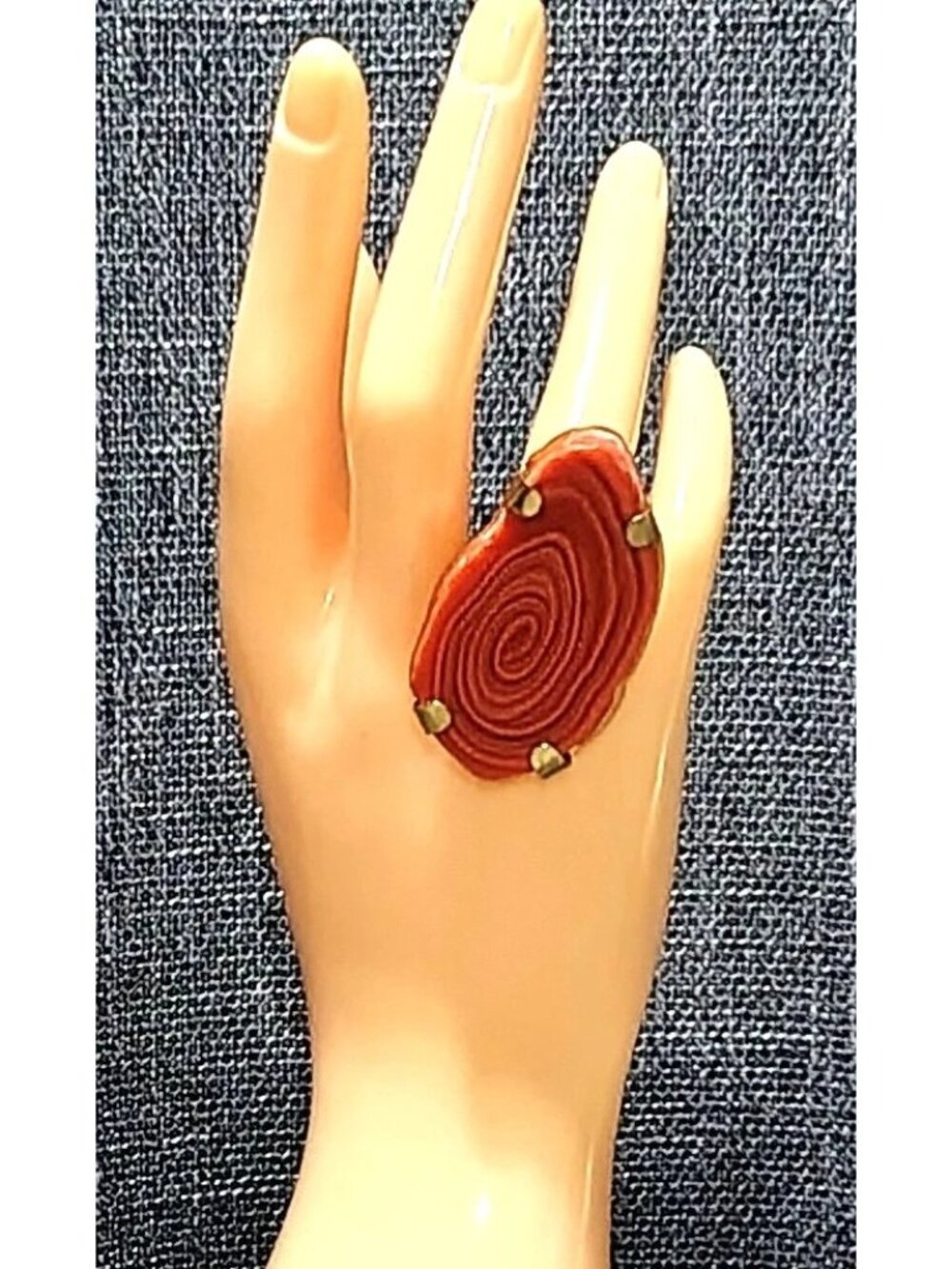 Vtg Chunky Large Orange Red Swirl Dyed Banded Agate Slice Ring 8 Statement Boho
